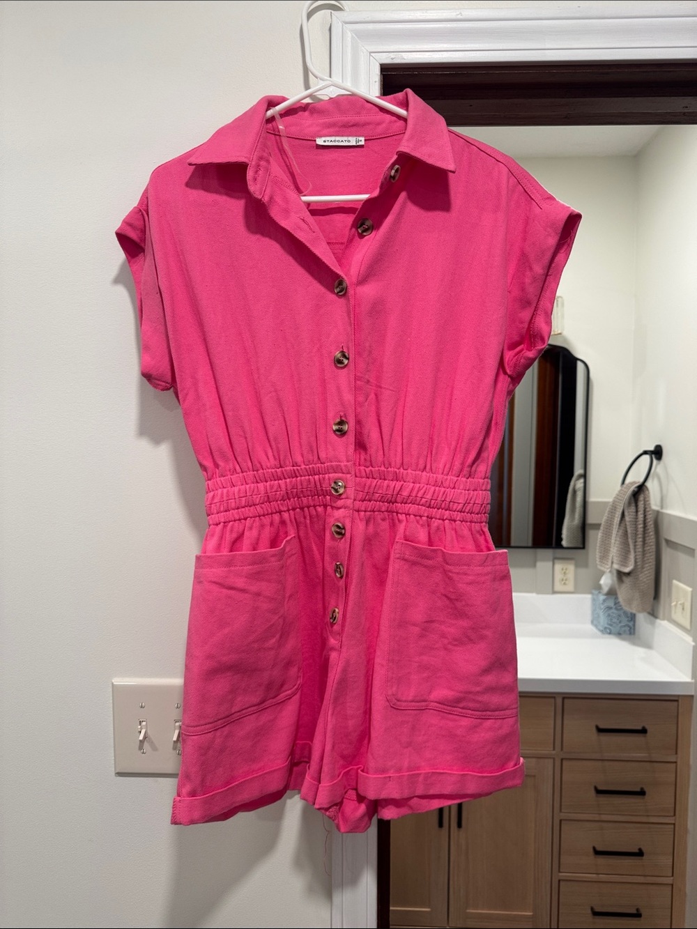 Staccato Pink Short Sleeve Romper with Front Buttons